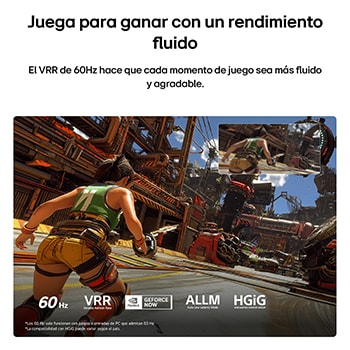 LG QNED AI QNED74 Mini LED for Ultimate Gameplay shows a fast-paced action game scene with a comparison inset highlighting smoother motion, while supporting up to 60Hz, VRR, AMD FreeSync, ALLM, HGiG, and GeForce NOW.